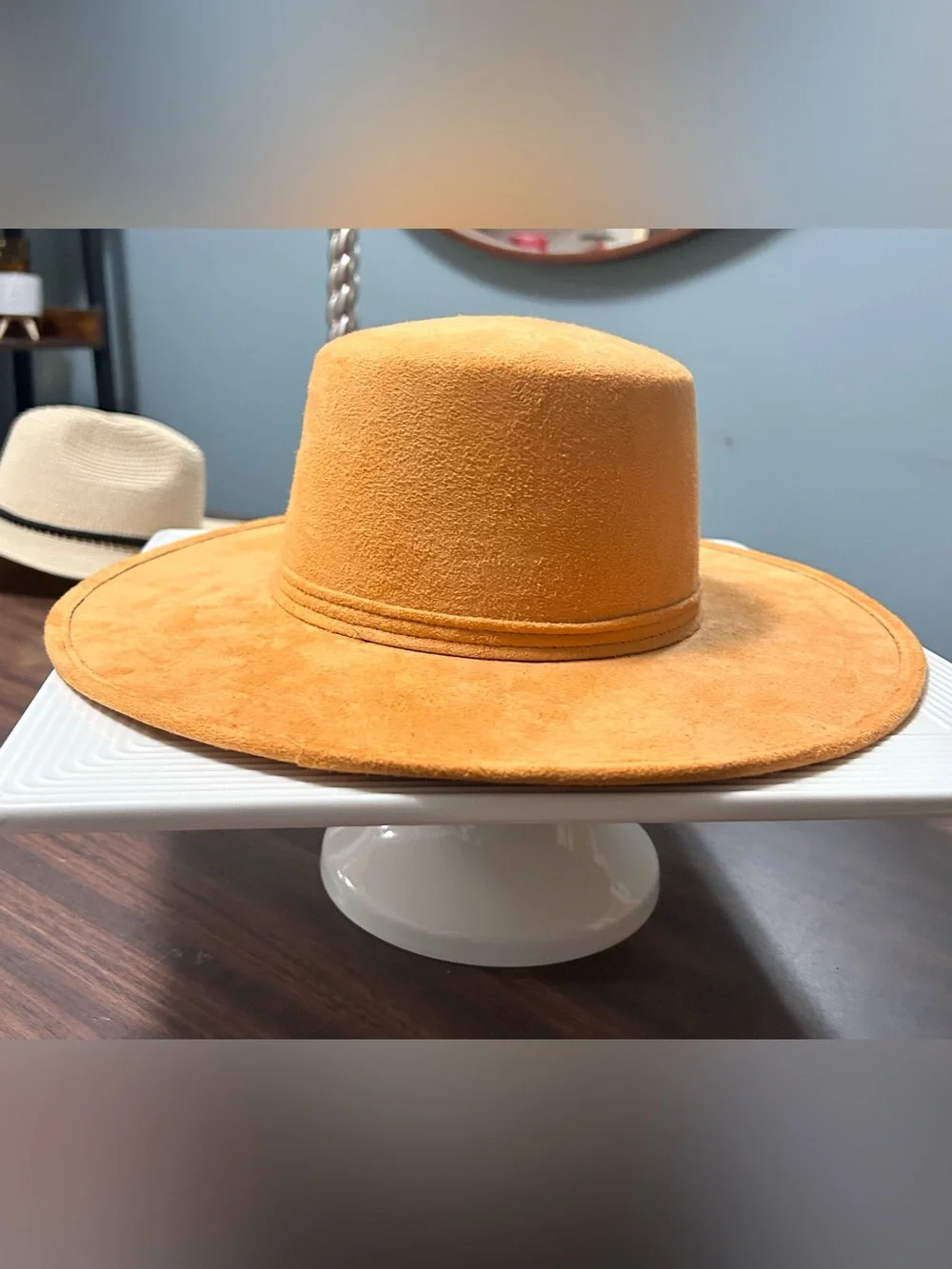 Wide Brim Suede Fedora Hat - Mustard/Gold